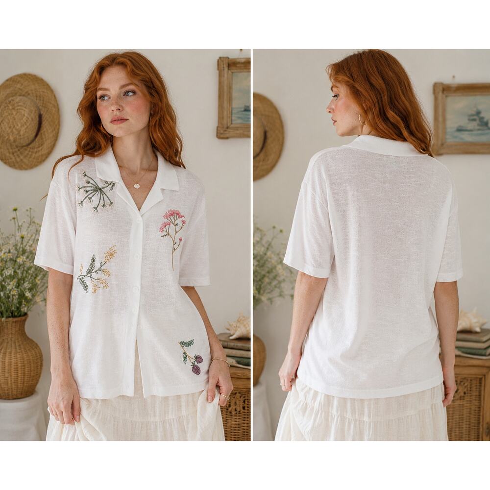 ESC White Floral Embroidered Button Front Knit Top Women’s Medium Cottagecore